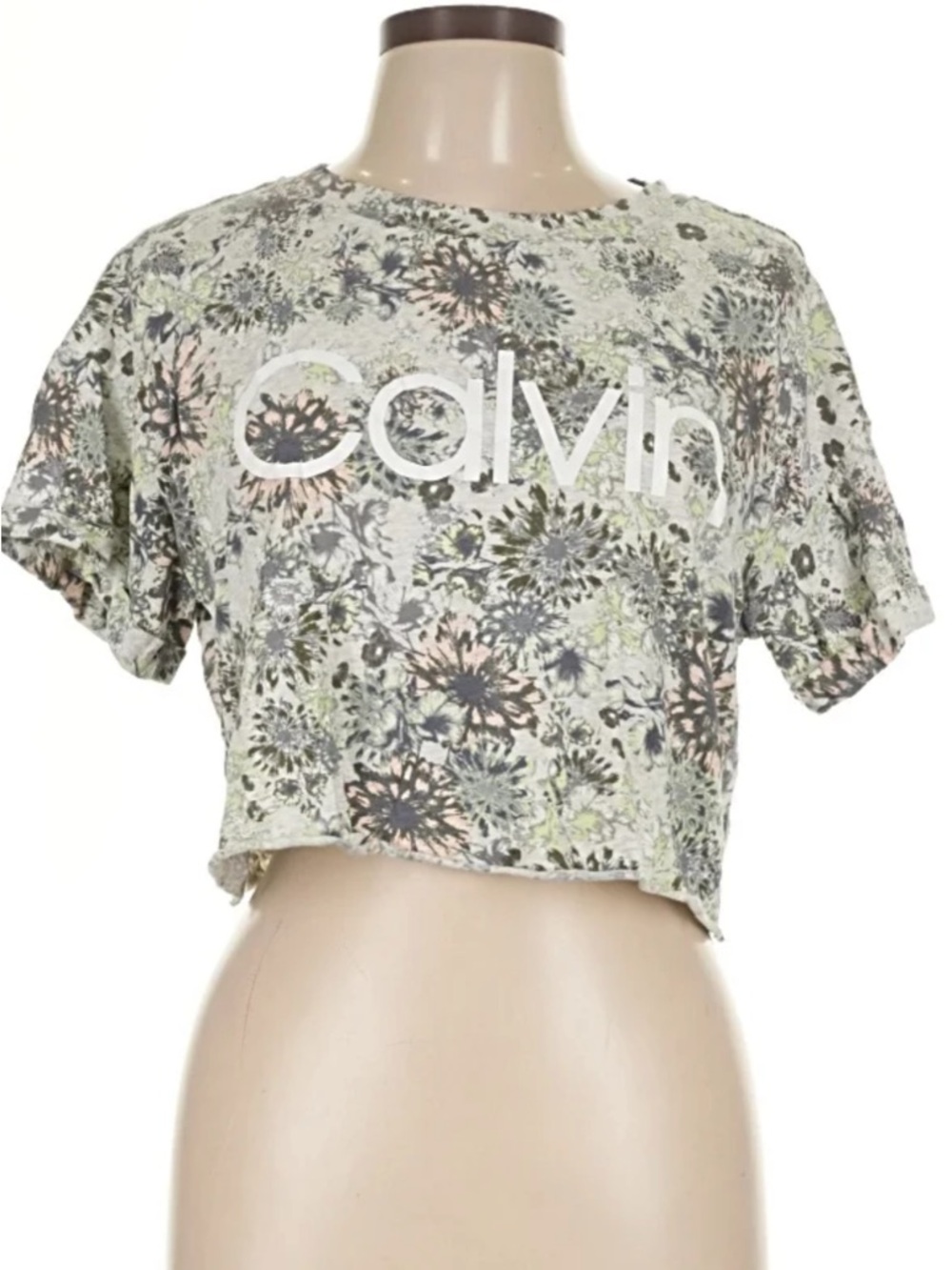 Calvin Klein Cropped Floral Logo Tee in White and Green